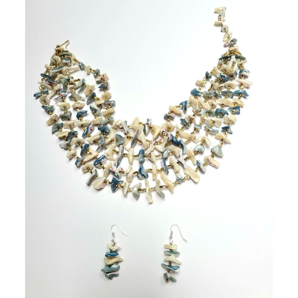 Vintage‎ Multi Strand Abalone Sea Shell Choker Necklace Earrings Set Resortwear